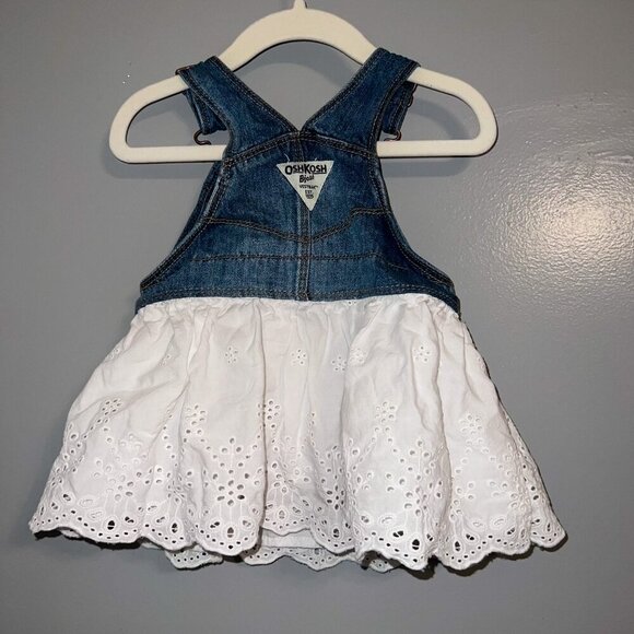 OshKosh B'gosh Denim Bibs Dress with White Floral Lace Detail Size 6-9M - Picture 3 of 6